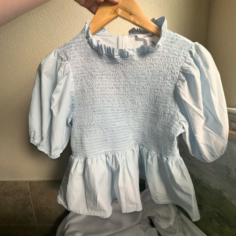 Blue Peplum Blouse with Smocked Bodice and Mandarin Collar